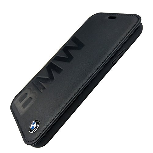 BMW iPhone X/Xs Signature Debossed Logo Leather oldalra nyíló tok, fekete