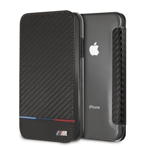 BMW iPhone Xr Carbon Tricolor Stripe (BMTRBKI61PUCARTCBK) oldalra nyíló tok, fekete