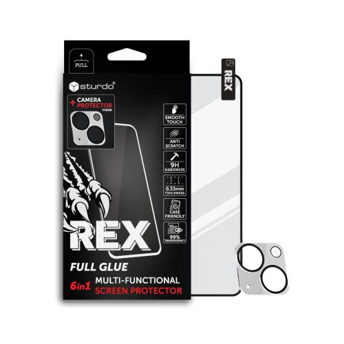 Sturdo Rex Kijelzővédő üveg + Camera protection iPhone 15 Plus, fekete, FULL GLUE 6in1
