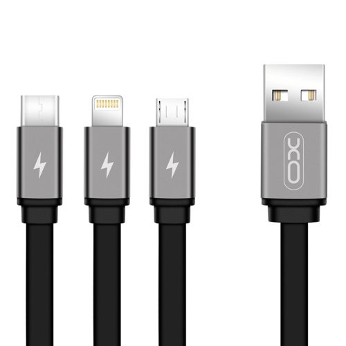 XO NB18 USB Cable 3in1 Micro-USB, Type-C, Lightning kábel, 2,4A, 1,2m, fekete