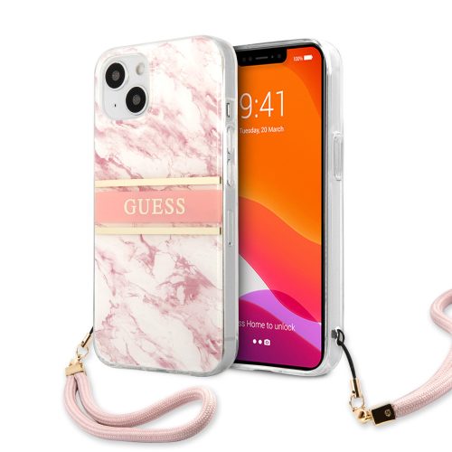 Guess iPhone 13 Marble Stripe (GUHCP13MKMABPI) hátlap, tok, fehér-rózsaszín