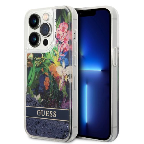 Guess iPhone 14 Pro Flower Liquid Glitter (GUHCP14LLFLSB) hátlap, tok, színes