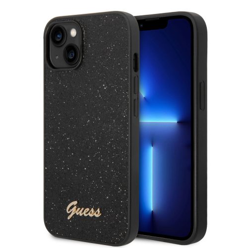 Guess iPhone 14 Glitter Flakes Metal Logo (GUHCP14SHGGSHK) hátlap, tok, fekete