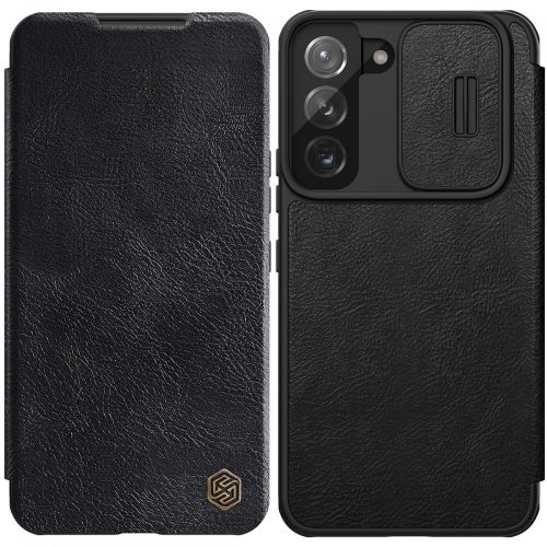 Nillkin Qin Leather Samsung Galaxy S22 oldalra nyíló eredeti bőr tok, fekete