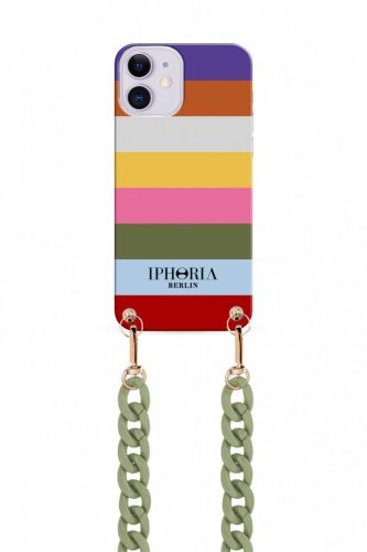 Iphoria iPhone 12 Pro Max Colurful Stripes with Green Chain nyakba akasztós hátlap, tok, mintás, színes