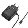 Borofone BA50A 2xUSB hálózati töltő adapter és USB/Lightning kábel, gyorstöltő, 2.1A, fekete